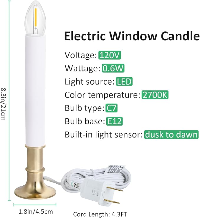 4-Pack Electric Christmas Window Candle Lights Dusk to Dawn with Shatterproof Plastic LED Bulbs, Plug-in Corded Window Candle Lamps, Auto On/Off Light Sensor, 4 Suction Cups Included, Warm White