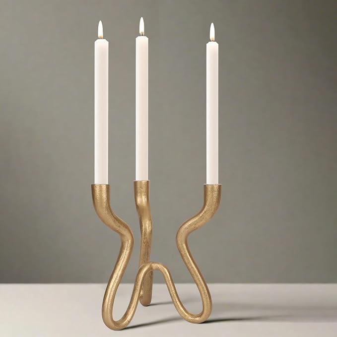 Triple Candle Holder Candelabra - Cast Iron Metal Taper Candlestick Stand with Antique Brass Finish - Elegant Wedding Centerpiece for Home, Dining, Event Decor