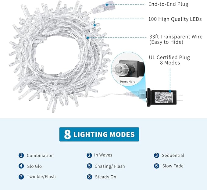Christmas String Lights, 33FT 100 LEDs Chritsmas Tree Lights Indoor String Lights 8 Modes with End-to-End Plug Fairy Lights Decoration for Indoor Outdoor, Multicolor (Clear Wire)