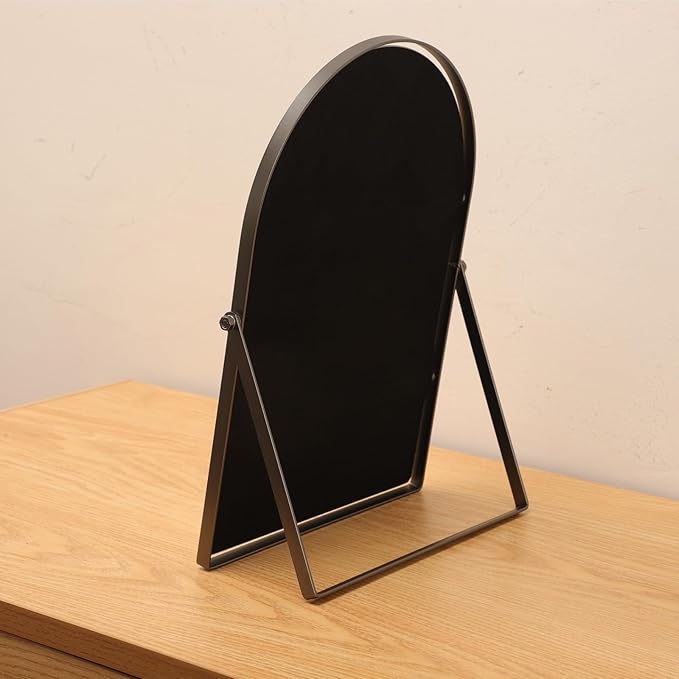 Black Metal Bedroom Mirror Vanity Countertop Makeup Mirror Arch Makeup Bathroom Mirror Rotation Framed Standing Mirrors 90°Adjustable Room Decor for Living Room,Bathroom Tabletop