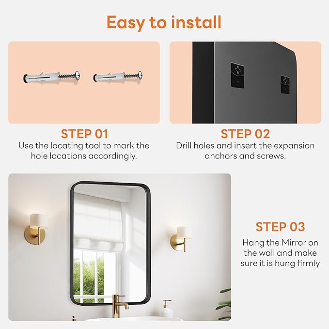 Bathroom Mirror 40x30 Inch Black Metal Framed Rounded Rectangle Vanity Mirror for Wall, Over Sink, Farmhouse, Restroom, Anti-Rust, Modern Decorative, Horizontal or Vertical Hanging