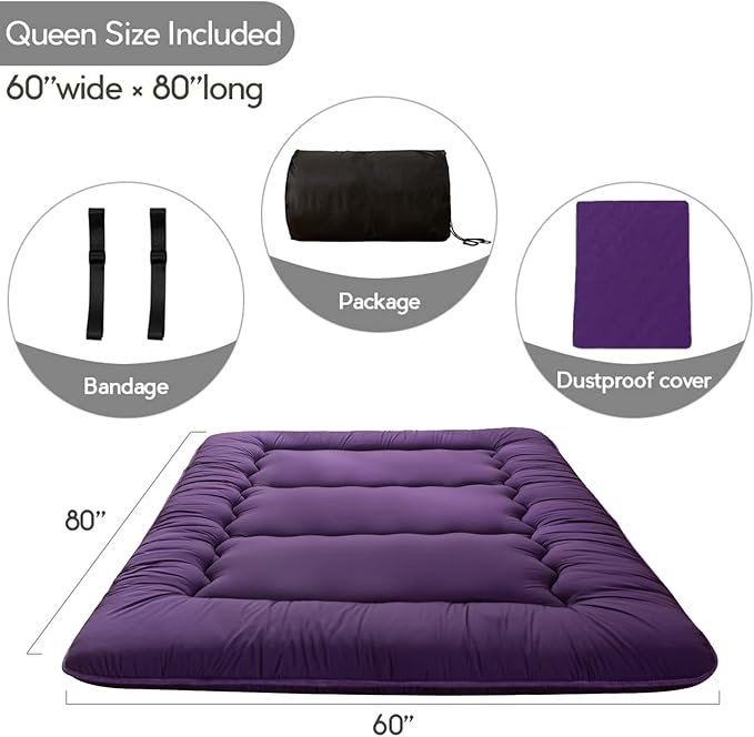 MAXYOYO Japanese Floor Futon Mattress, Roll Up Floor Mattress for Adults Foldable Tatami Mat Sleeping Pad Dormitory Bed Lounger, Purple, Queen Size