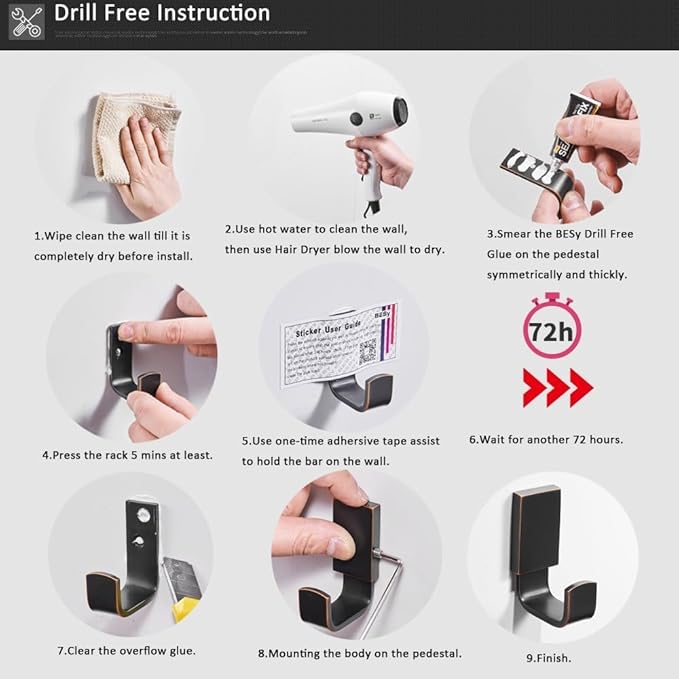 BESy Brass Clothes Hook Single Towel Hook for Bathroom Kitchen Garage Square Style Robe Hooks Coat Hooks Hat Hook, Self Adhesive with Glue or Wall Mounted with Screws, Four Packs, Matte Black