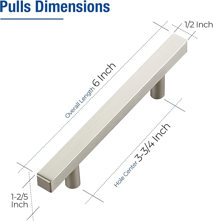 JOY DECOR 10 Pack 3-3/4 Inch Brushed Nickel Square Cabinet Handles Stainless Steel Cabinet Hardware Pulls for Kitchen and Drawers with 6 Inch Overall Length