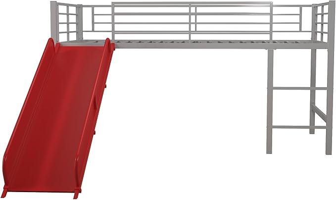 DHP Junior Twin Metal Loft Bed with Slide, Multifunctional Design, Silver with Red Slide