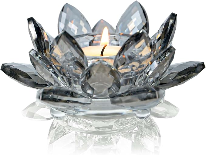 Crystal Lotus Flower Tealight Candle Holders/Glass Tea Light Candlestick Decor Decoration for Christmas Home Wedding Party… (1, Black 1pc)
