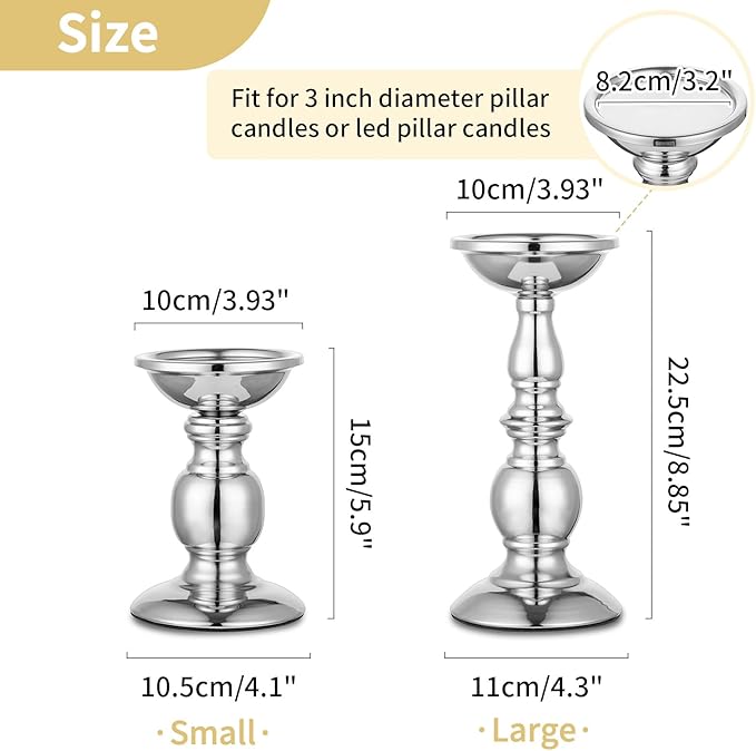 Nuptio Silver Pillar Candle Holders, Wedding Centerpieces Metal Candle Holder for 3 inches Candles Stand Decoration Ideal for Weddings Special Events Parties Living Room, 2 Pcs