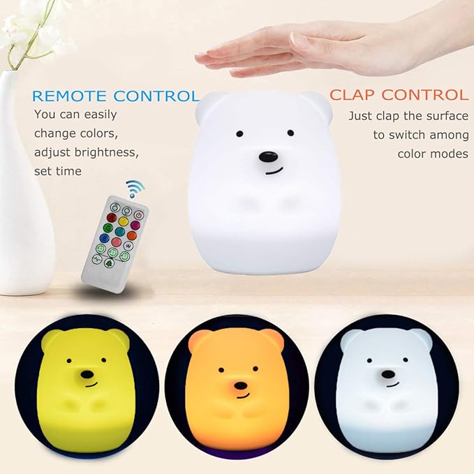 Bear Night Lights for Kids, Bedside lamp for Children, Baby Nursery Light - Break Resistant/Eye Caring/Adjustable Brightness Color/Time Setting/Gifts for Kids Babies Boys Girls - Medium