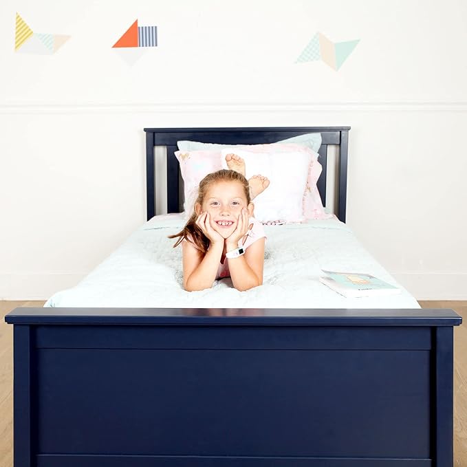Max & Lily Twin Bed Frame with Slatted Headboard, Solid Wood Platform Bed for Kids, No Box Spring Needed, Easy Assembly, Blue