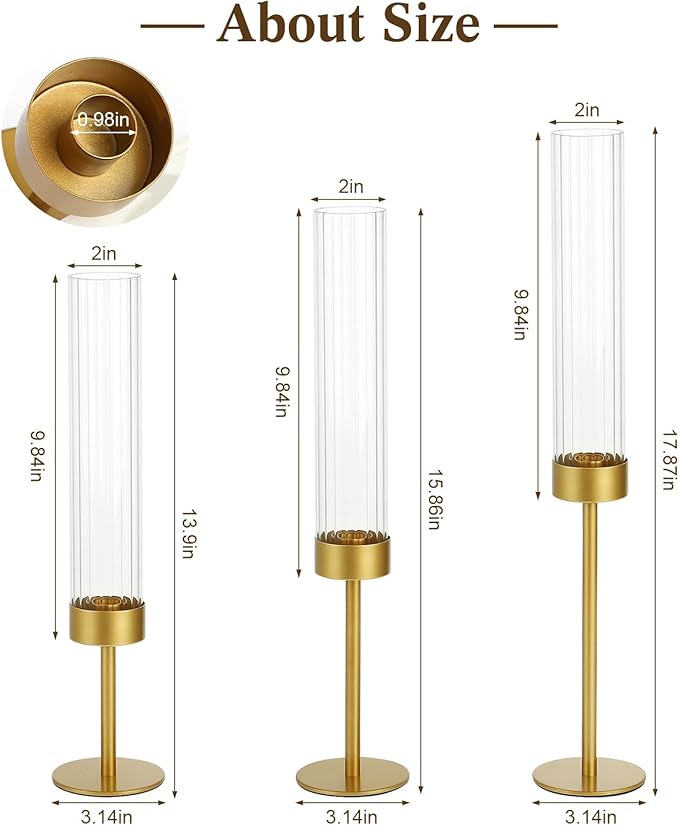 Glass Hurricane Candle Holders Set (18pcs)-Gold Metal Base Taper Candle Stick Holders for Candlesticks Holder Decor, Elegant Dining Table Centerpiece for Wedding, Christmas & Home Decor-Ribbed Glass