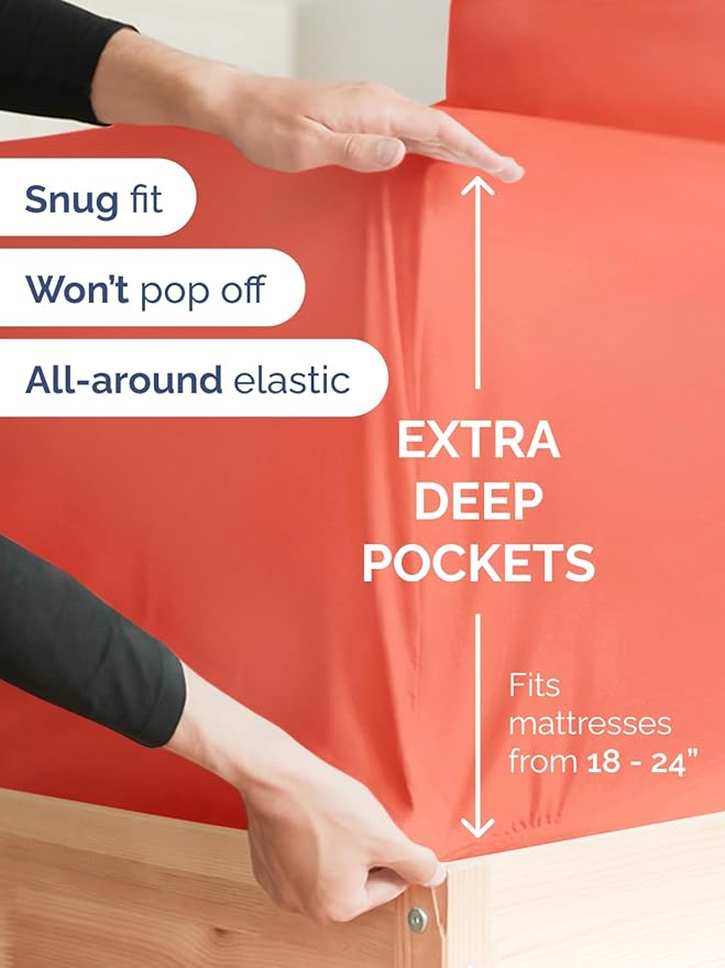 Extra Deep Queen Sheet Set - 6 Piece Breathable and Cooling Sheets - Hotel Luxury Bed Sheets Set - Easy & Secure Fit - Soft, Wrinkle Free and Comfy Sheets Set - Coral Sheet Set with Extra Deep Pockets