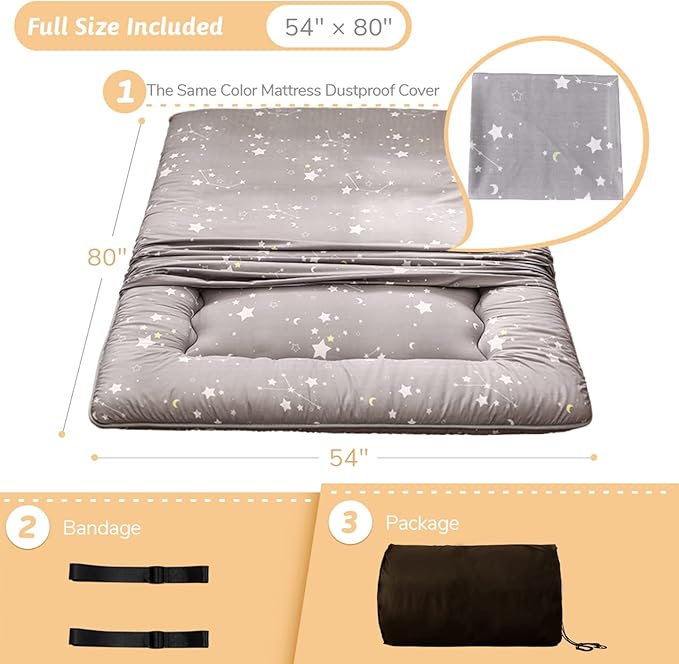 MAXYOYO Grey Constellation Japanese Futon Mattress, Tatami Mat Portable Camping Mat Kids Sleeping Pad Foldable Roll Up Floor Lounger Couch Bed with Mattress Protector Full Size