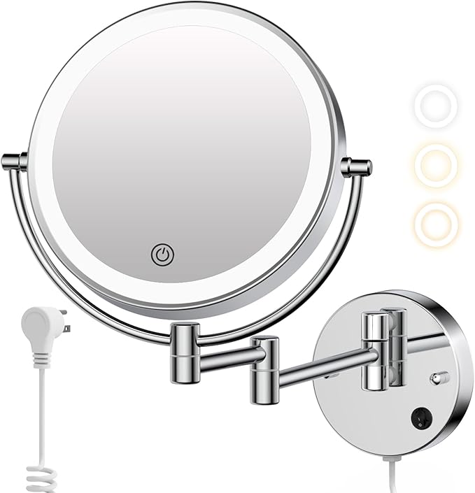 Wall Mounted Makeup Mirror with Lights, Magnifying Mirror 10X/1X Double-Sided, Plug-In Vanity Mirror with 3 Color Lights & Brightness Dimmable, 360°Swivel Extendable Mirror for Grooming & Shaving