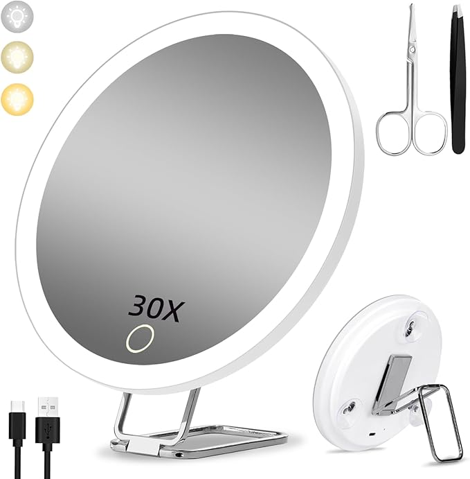 Magnifying Mirror with Light 30X, Large 6" Rechargeable 3 Colors Modes Dimming Lighted Makeup Mirror with 30X Magnification, LED Travel Magnified Mirror with 3 Suction Cups and 360° Table Stand