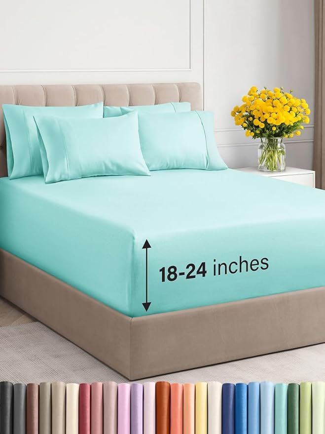Extra Deep Full Sheet Set - 6 Piece Breathable & Cooling Sheets - Hotel Luxury Bed Sheets Set - Easy & Secure Fit - Soft, Wrinkle Free & Comfy Sheets Set - Spa Blue Sheet Set with Extra Deep Pockets