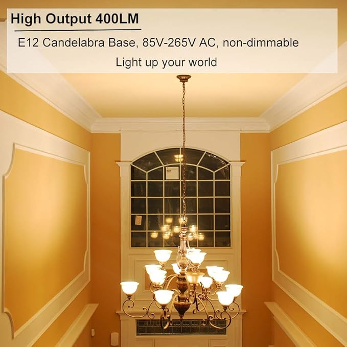 Vinaco 2 Pack E12 LED Candelabra Bulb, 400LM 4W 3000K Warm White, High Brightness, Long Lifespan, Energy Efficient, Flicker-Free, Great for Ceiling Fan Light Bulb
