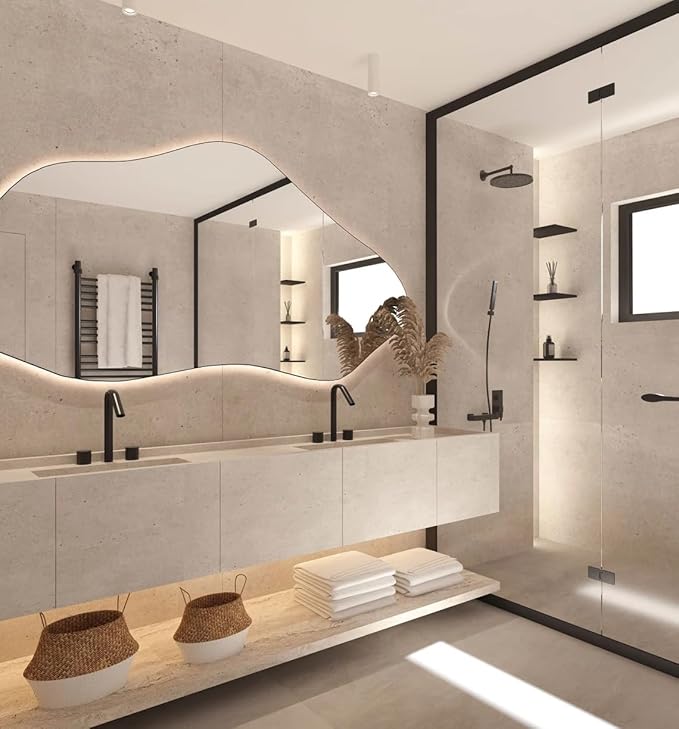 Asymmetrical Bathroom LED Mirror, Modern Irregular Shape Wall Mirror with LED Lights, Frameless Aesthetic Backlit LED Illimunated Vanity Mirror (55" x 27" inc)
