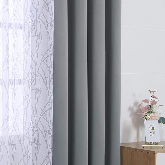 BONZER Mix and Match Curtains - 2 Pieces Branch Print Sheer Curtains and 2 Pieces Blackout Curtains for Bedroom Living Room Grommet Window Drapes, 54x63 Inch/Panel, Light Grey, Set of 4 Panels