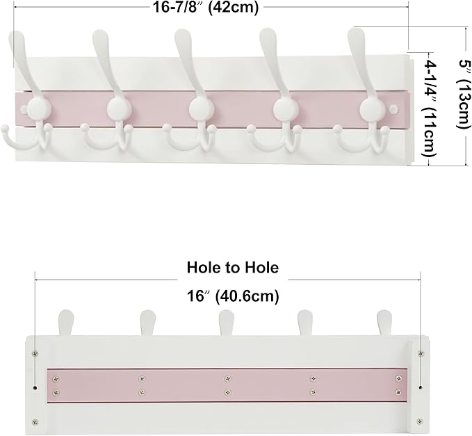 SKOLOO Coastal Wall Mounted Coat Rack - 17" Beach House Entryway Wooden Coat Hook with 5 Hooks for Hanging Coats, Hats or Towels, Oceanfront Cottage Core Collection, White & Palm Beach Pink, Pack of 2