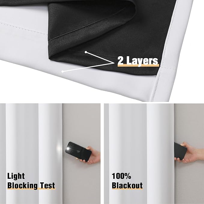 ChrisDowa White 100% Blackout Curtains 80 inch Long for Bedroom with Black Liner, 2 Thick Layers Total Blackout Thermal Insulated Grommet Window Curtains 2 Panels Set (Pure White, 52 x 80 Inch)