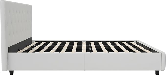 DHP Dakota Upholstered Platform Bed with Diamond Button Tufted Headboard and Footboard, No Box Spring Needed, King, White Faux Leather