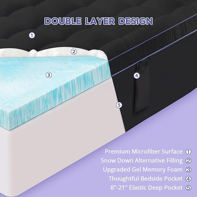 ABENE Queen Dual Layer 3 Inch Memory Foam Mattress Topper, 2 Inch Gel Memory Foam Plus 1 Inch Down Alternative Pillowtop Mattress Pad Cover, Soft Black Bed Topper Support for Pressure Relief
