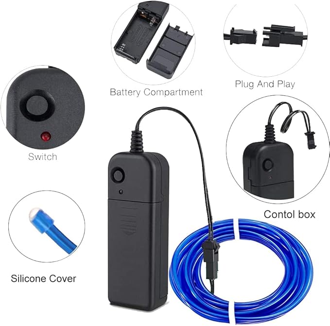 MaxLax EL Wire Blue, 2M Portable Battery Pack Neon Light Strip 360° Cuttable Glowing Rope Lights for Parties, Halloween, DIY Decoration