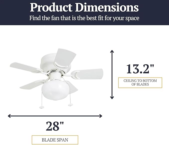Prominence Home Hero, 28 Inch Traditional Flush Mount Indoor LED Ceiling Fan with Light, Pull Chain, Dual Finish Blades, Reversible Motor - 41530-01 (White)