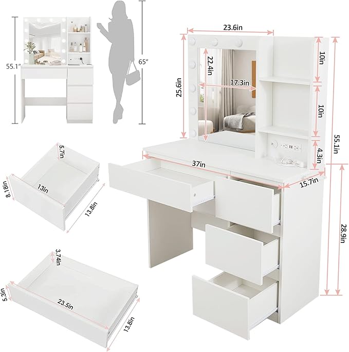 Vabches Makeup Vanity with Lights, 37inch Vanity Desk with Power Strip, 4 Drawers Makeup Table with Lighted Mirror, 3 Lighting Colors, White