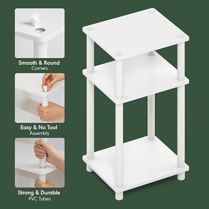 Furinno Just 3-Tier Turn-N-Tube End Table / Side Table / Night Stand / Bedside Table with Plastic Poles, 2-Pack, White/White