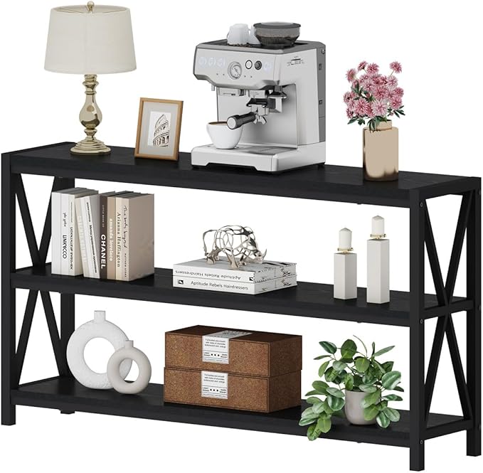 FATORRI Console Table for Entryway, Long Sofa Table with Shelves Under Window, Wood and Metal Hallway Tables for Foyer (55 Inch, Black)