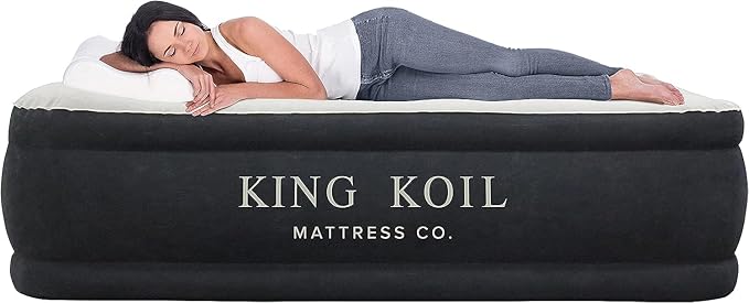 King Koil Luxury Pillow Top Plush Queen Air Mattress with High-Speed Built-in Pump, Blow Up Bed Top Side Flocking, Puncture Resistant, 16" Double High Inflatable Airbed Guests & Travel 1-Year Warranty