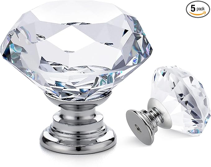 Ravinte 5 Pack Crystal Drawer Knobs - Glass Cabinet Knobs, Diamond Shaped, 30 mm with Silver Base