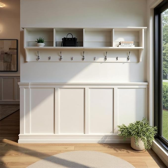 Prepac 60" Contemporary Wall Mounted Coat Rack, Coat Hooks Wall Mount with 4 Shelves, Ideal for Hallway or Entryway Storage Solution, 11.5"D x 60"W x 16.5"H, White