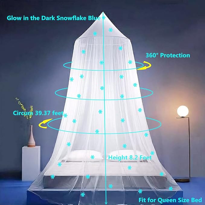 Eimilaly Princess Bed Canopy Glow in The Dark, Christmas Snowflakes Bed Canopy for Girls Room Decor, Encrypted Fabric, Pink