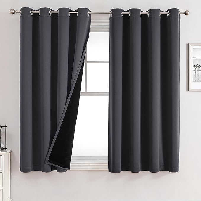 ChrisDowa 100% Blackout Curtains for Bedroom with Black Liner, 2 Thick Layers Total Blackout Thermal Insulated Grommet Window Curtains 63 Inch Length 2 Panels Set (Dark Grey, 52 x 63 Inch)