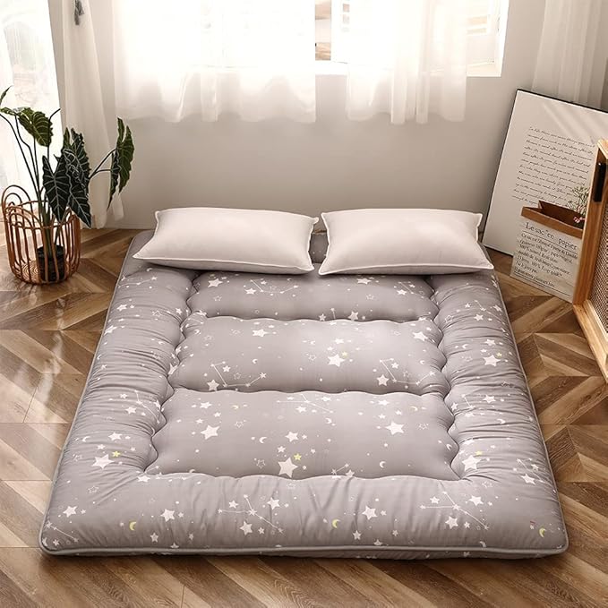 MAXYOYO Grey Constellation Japanese Floor Futon Mattress, Tatami Floor Mat Portable Camping Mattress Kids Sleeping Pad Foldable Rolling Up Floor Lounger Couch Bed with Mattress Protector, Twin