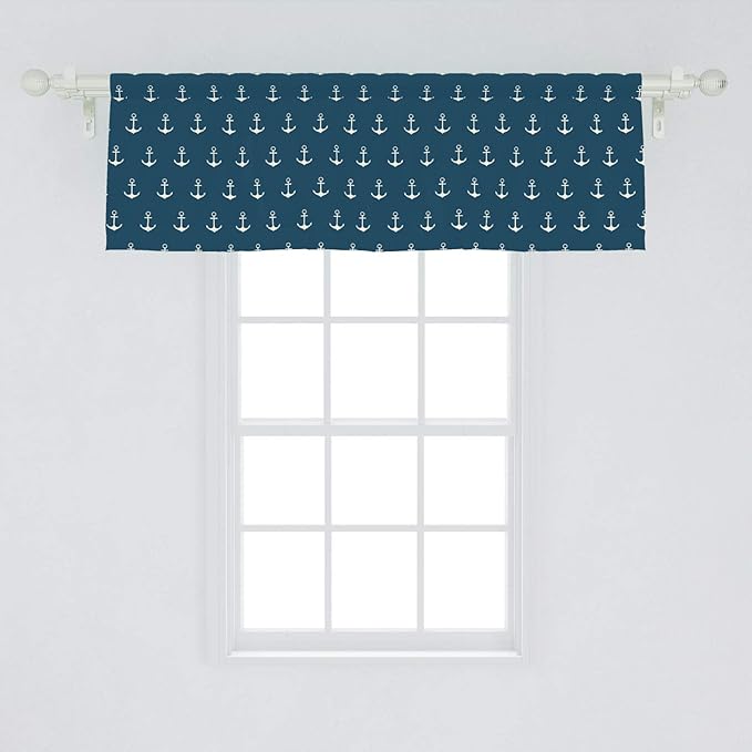 Ambesonne Anchor Window Valance, Nautical Pattern Classic Colors and Anchors Simplistic Design Sailor Ship Print, Curtain Valance for Kitchen Bedroom Decor with Rod Pocket, 54" X 18", Blue White
