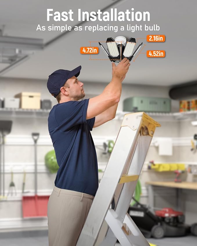 Adiding LED Garage Ceiling Light w/ 6 Deformable Panels Basement Lighting, 6 Pack, Screw into E26 E27 Bulb Socket, Beyond Bright 6000Lm High Lumen, Shop, Shed, Gym, Attic, Utility, Daylight 6500K