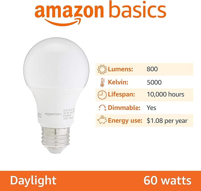 Amazon Basics A19 LED Light Bulbs, 60 Watt Equivalent, Energy Efficient 9W, E26 Standard Base, Daylight White 5000K, Dimmable, 10,000 Hour Lifetime , 6-Pack