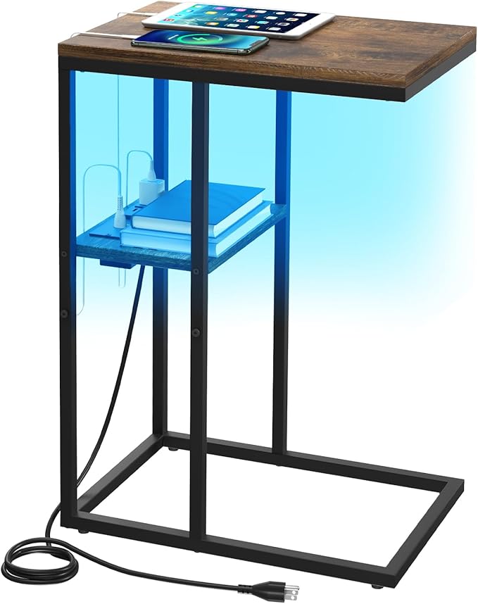 Yoobure LED C Shaped End Table with Charging Station, Small Side Tables for Living Room Bedroom, TV Tray Table with USB Ports and Outlets for Small Spaces, C Table for Couch Sofa, Bed Side Table