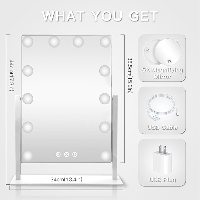 HIEEY Hollywood Vanity Mirror with 12 Dimmable Bulbs Lights, Three Color Lighting Modes, and 5X Magnification, Smart Touch Control, 360°Rotation (White,Gift Box)
