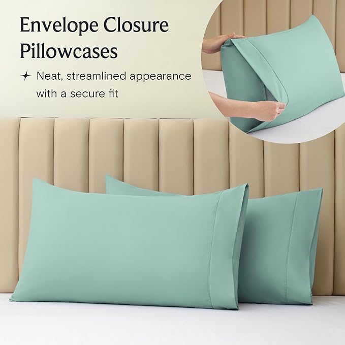 LuxClub 4 PC Queen Sheet Set, Deep Pockets Wrinkle Free Cooling Bed Sheets Hotel Bedding for Women, Men, Kids & Teens, Includes 1 Fitted Sheet, 1 Flat Sheet and 2 Pillowcases - Silky Soft Light Teal