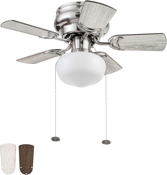 Prominence Home Hero, 28 Inch Traditional Flush Mount Indoor LED Ceiling Fan with Light, Pull Chain, Dual Finish Blades, Reversible Motor - 51656-01 (Brushed Nickel)