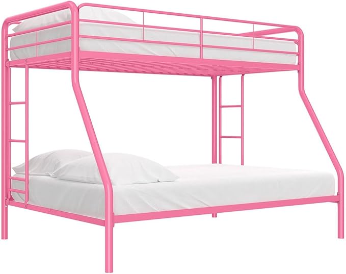 DHP Dusty Metal Bunk Bed Frame, Twin-Over-Full for Kids, Teens, Adults, Angled Ladder, Guardrail, No Boxspring, Small Spaces, Pink
