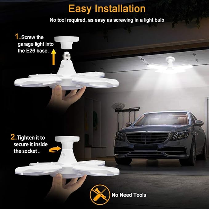 (8 Packs) LED Garage Lights, 60W Trilights Ceiling, High Low Bay Deformable Adjustable 4 Led Light Bulbs 6000LM 6000K, Screw in Tribright Garage Lighting Fixture,CRI80 Daylight