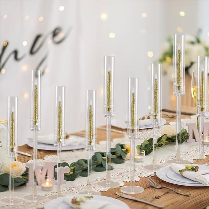Vincidern 24pcs Taper Candle Holder Acrylic Candlestick Holder Clear Set for Table Centerpiece, Long Candle Stick Candle Stand Cylinder Shade for Halloween, Christmas Wedding Party Dining Room Decor