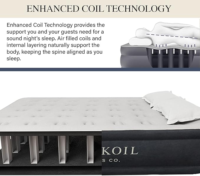 King Koil Full Size Plush Pillow Top Inflatable Air Mattress with Built-in Pump High-Speed Pump for Home, Camping, Guests, Luxury Double High Adjustable Blow Up Bed, Waterproof, 1-Year Warranty.