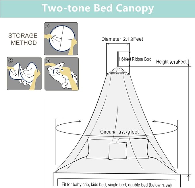 Eimilaly Two-Tone Bed Canopy Mosquito Net White Blue with 250pcs Warm White Lights, Bed Canopy for Girls Room Decor, Single Door