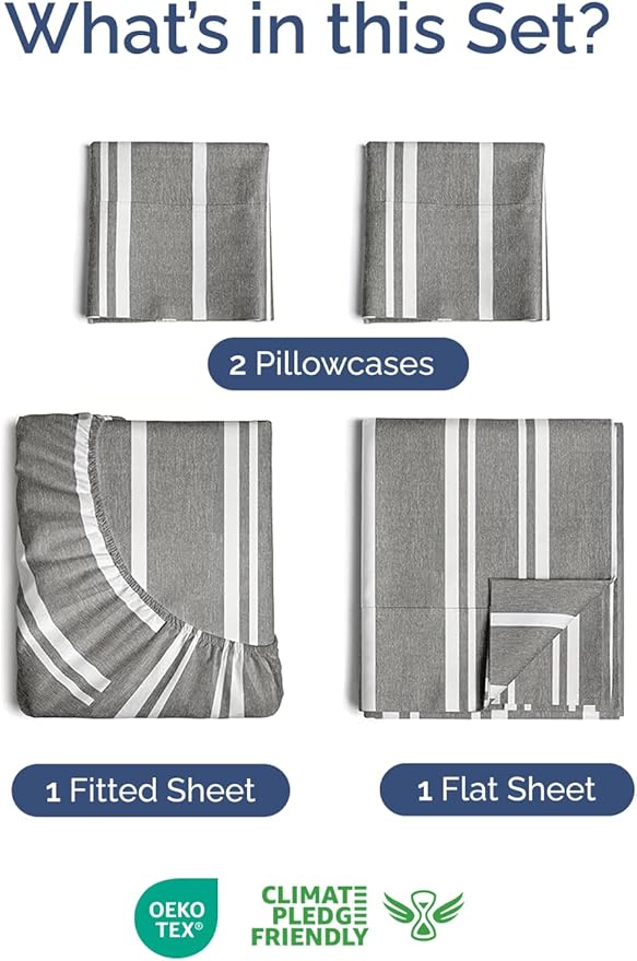 Extra Deep Twin Sheet Set - 4 Piece Breathable and Cooling Sheets - Hotel Luxury Bed Sheets Set - Easy Fit - Soft, Wrinkle Free and Comfy Sheets Set - Grey Striped Sheet Set with Extra Deep Pockets